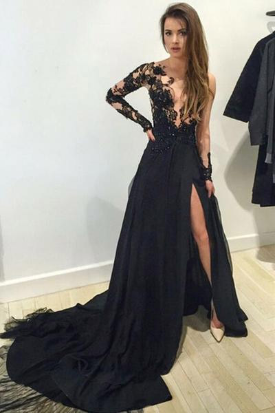 Long Sleeve Sheer Lace Black Prom Dress