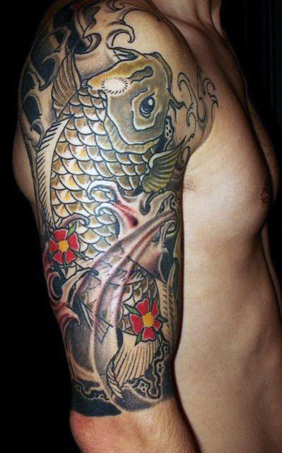 Koi Tattoo with Little Red Flowers