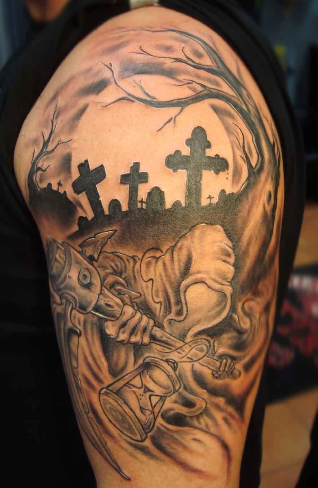 tattoo full sleeve knight angel demon good evil black grey