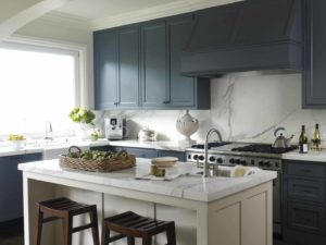 Blue cabinet with white kitchen