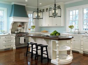 Blue white kitchen with iron lantern