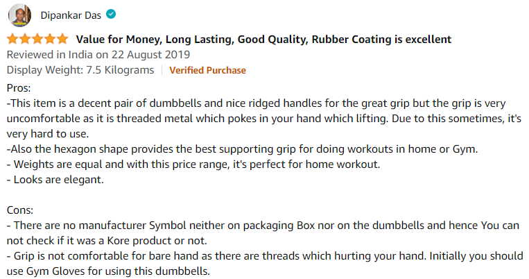 customer review for the workout dumbells.